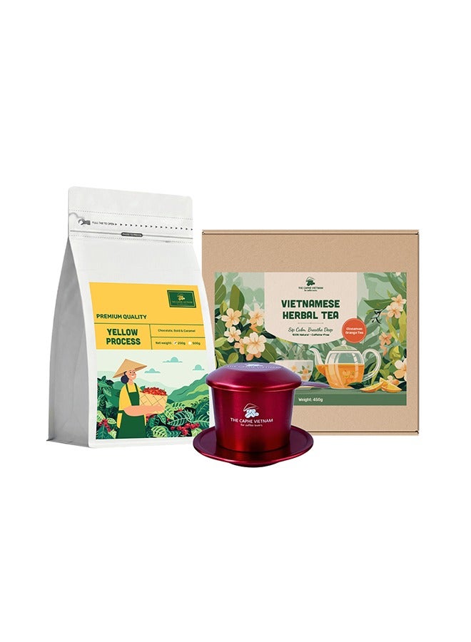 The Caphe Vietnam Coffee & Tea Gift Set | Yellow Process Coffee 250g | Cinnamon Orange Herbal Tea | Vietnamese Phin Filter (Red) | Traditional Drip Experience - Image 1